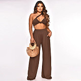 Skew Collar Crop Top Wide Leg Pants Two Piece Set YF-10157