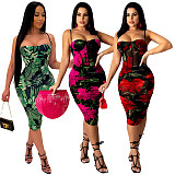 Summer Sleeveless Floral Print Spaghetti Straps Women Ruched Bodycon Beach Club Party Midi Dress YF-9924