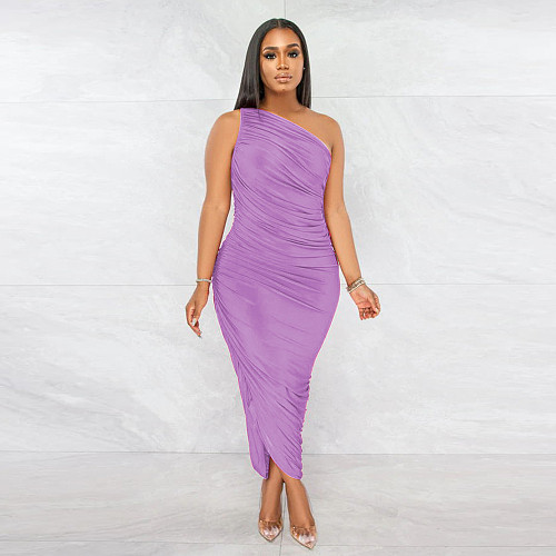 Sexy Skew Collar Ruched Sleeveless Bodycon Dress YF-10139