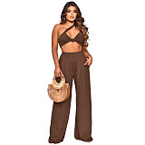 Skew Collar Crop Top Wide Leg Pants Two Piece Set YF-10157