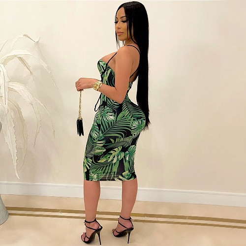 Summer Sleeveless Floral Print Spaghetti Straps Women Ruched Bodycon Beach Club Party Midi Dress YF-9924
