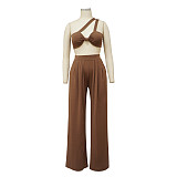 Skew Collar Crop Top Wide Leg Pants Two Piece Set YF-10157