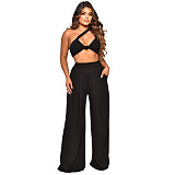 Skew Collar Crop Top Wide Leg Pants Two Piece Set YF-10157