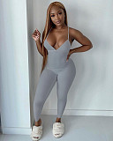 Women Sleeveless V-Neck Solid Ribbed Open Back Cross Summer Activewear Sexy One Piece Jumpsuit NIK-252