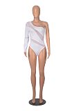 Sexy Oblique Shoulder Mesh Patchwork Stripes Hollow-out One-shoulder Bodysuit HXZY-0339