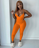 Women Sleeveless V-Neck Solid Ribbed Open Back Cross Summer Activewear Sexy One Piece Jumpsuit NIK-252