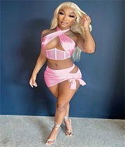 Cross Halter Corset Crop Top Lace Up Mini Skirt Sets NIK-292