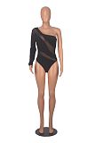 Sexy Oblique Shoulder Mesh Patchwork Stripes Hollow-out One-shoulder Bodysuit HXZY-0339