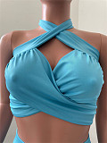 Summer Hot Sexy Solid Color Sleeveless Hollow Out Halter Crop Top Bandage Skirt Skinny Two Piece Set NIK-248