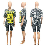Skullcap Monogrammed Short-sleeved T-shirt + Tight Pants Two-piece Set NIK-129