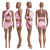 Cross Halter Corset Crop Top Lace Up Mini Skirt Sets NIK-292
