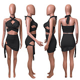 Summer Hot Sexy Solid Color Sleeveless Hollow Out Halter Crop Top Bandage Skirt Skinny Two Piece Set NIK-248