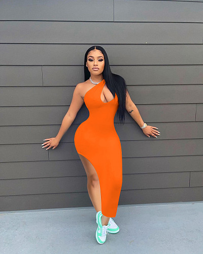 Fashion Solid Color Women Bodycon Hollow Out Slanted Shoulder Sleeveless Elegant Slit Maxi Long Dress NIK-246