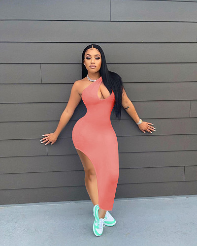 Fashion Solid Color Women Bodycon Hollow Out Slanted Shoulder Sleeveless Elegant Slit Maxi Long Dress NIK-246