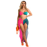 Patchwork Sleeveless Bra+Panties+Cover Ups 3 Piece Set NIK-303