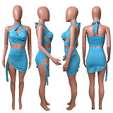 Summer Hot Sexy Solid Color Sleeveless Hollow Out Halter Crop Top Bandage Skirt Skinny Two Piece Set NIK-248