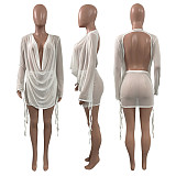 Solid Color Mesh Deep-V Sexy Backless Bandage Mini Skirts Sets NIK-277