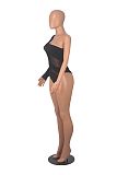 Sexy Oblique Shoulder Mesh Patchwork Stripes Hollow-out One-shoulder Bodysuit HXZY-0339