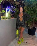 Lace Up Bra Long Sleeve Shirt Mini Skirt 3 Piece Sets NIK-319
