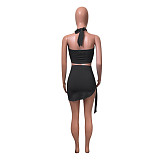 Summer Hot Sexy Solid Color Sleeveless Hollow Out Halter Crop Top Bandage Skirt Skinny Two Piece Set NIK-248