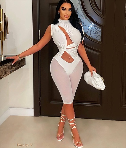 Mesh Patchwork Cut Out One Shoulder Bodycon Rompers NIK-315
