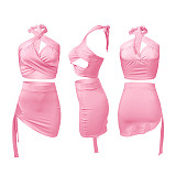 Summer Hot Sexy Solid Color Sleeveless Hollow Out Halter Crop Top Bandage Skirt Skinny Two Piece Set NIK-248
