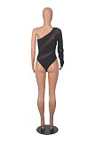 Sexy Oblique Shoulder Mesh Patchwork Stripes Hollow-out One-shoulder Bodysuit HXZY-0339