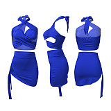 Summer Hot Sexy Solid Color Sleeveless Hollow Out Halter Crop Top Bandage Skirt Skinny Two Piece Set NIK-248