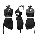 Summer Hot Sexy Solid Color Sleeveless Hollow Out Halter Crop Top Bandage Skirt Skinny Two Piece Set NIK-248