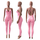 Women Sleeveless V-Neck Solid Ribbed Open Back Cross Summer Activewear Sexy One Piece Jumpsuit NIK-252