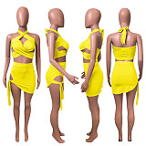 Summer Hot Sexy Solid Color Sleeveless Hollow Out Halter Crop Top Bandage Skirt Skinny Two Piece Set NIK-248