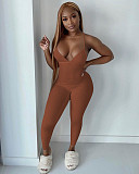 Women Sleeveless V-Neck Solid Ribbed Open Back Cross Summer Activewear Sexy One Piece Jumpsuit NIK-252