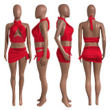 Cross Halter Corset Crop Top Lace Up Mini Skirt Sets NIK-292