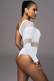 Sexy Oblique Shoulder Mesh Patchwork Stripes Hollow-out One-shoulder Bodysuit HXZY-0339