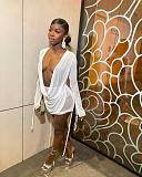 Solid Color Mesh Deep-V Sexy Backless Bandage Mini Skirts Sets NIK-277