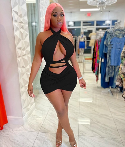 Cross Halter Backless Lace Up Cut Out Mini Dress NIK-302