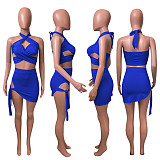 Summer Hot Sexy Solid Color Sleeveless Hollow Out Halter Crop Top Bandage Skirt Skinny Two Piece Set NIK-248