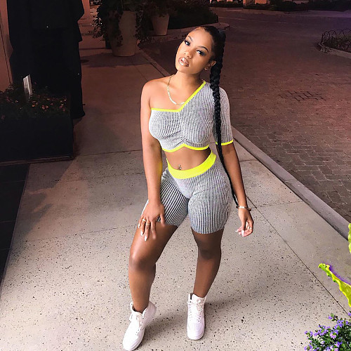Leisure Stripe Single Sleeve Sport 2 Pieces Short Suits NIK-098
