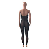 Women's See-through Pleated Sleeveless Mesh Bodycon Jumpsuit NIK-233