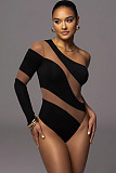 Sexy Oblique Shoulder Mesh Patchwork Stripes Hollow-out One-shoulder Bodysuit HXZY-0339