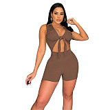 Cut Out Sleeveless Lace Up Skinny Knit Rib Romper NIK-306
