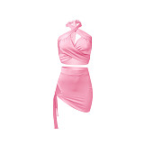 Summer Hot Sexy Solid Color Sleeveless Hollow Out Halter Crop Top Bandage Skirt Skinny Two Piece Set NIK-248