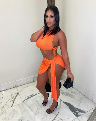 Solid Color Ribbed Lace Up Crop Tank Top Bandage Side Slit Skirts Sexy Club Party 2 Piece Matching Set NIK-251