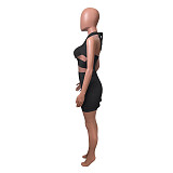 Summer Hot Sexy Solid Color Sleeveless Hollow Out Halter Crop Top Bandage Skirt Skinny Two Piece Set NIK-248