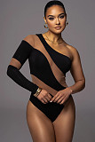 Sexy Oblique Shoulder Mesh Patchwork Stripes Hollow-out One-shoulder Bodysuit HXZY-0339