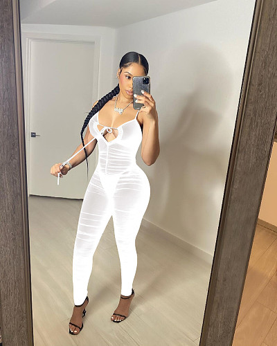 Women's See-through Pleated Sleeveless Mesh Bodycon Jumpsuit NIK-233