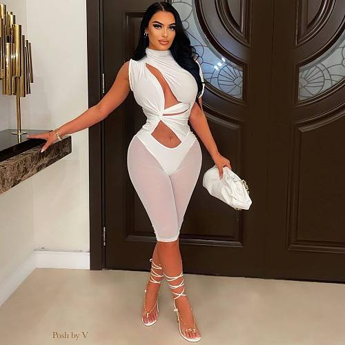 Mesh Patchwork Cut Out One Shoulder Bodycon Rompers NIK-315