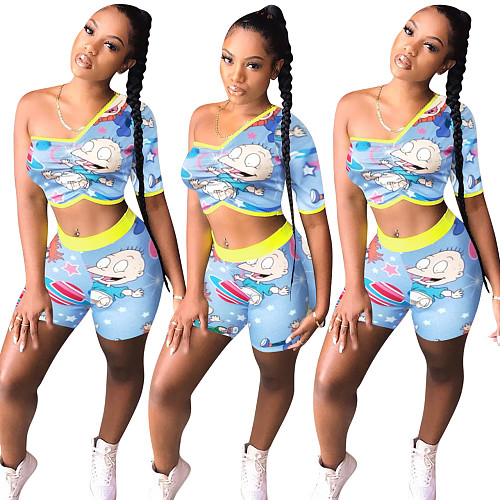Single Sleeve Cartoon Printing Color Contrast Tight Two-Piece Set NIK-120