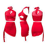 Summer Hot Sexy Solid Color Sleeveless Hollow Out Halter Crop Top Bandage Skirt Skinny Two Piece Set NIK-248