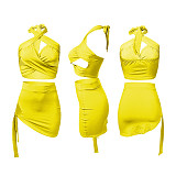 Summer Hot Sexy Solid Color Sleeveless Hollow Out Halter Crop Top Bandage Skirt Skinny Two Piece Set NIK-248